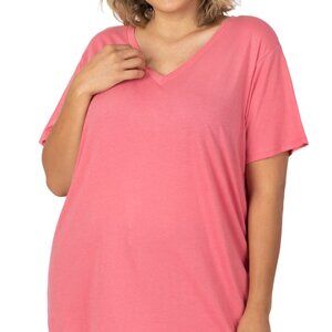 Zenana Plus Size Cotton Boyfriend V‑Neck Tee – Dusty Rose | Relaxed Fit